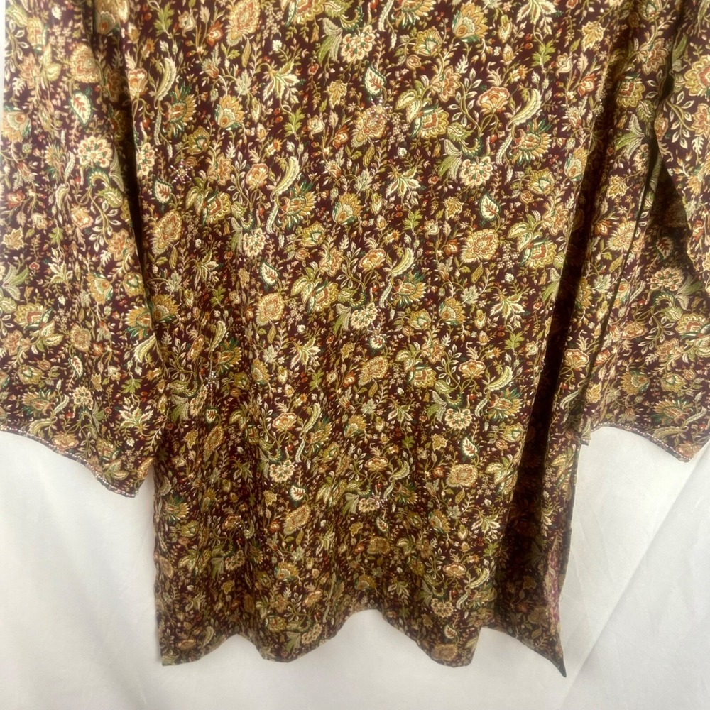 NEW Camie Floral Silk Tunic Blouse Women XL Red Tan Beaded Made in India Paisley - Picture 5 of 8